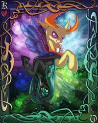 Size: 4000x5000 | Tagged: safe, artist:skodadav, derpibooru import, queen chrysalis, thorax, changeling, changeling queen, to where and back again, abstract background, absurd resolution, card, changeling king, contrast, duo, female, king thorax, male