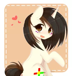 Size: 2989x3146 | Tagged: safe, artist:togeticisa, derpibooru import, oc, unofficial characters only, pony, unicorn, cute, female, heart, looking at you, open mouth, raised hoof, solo