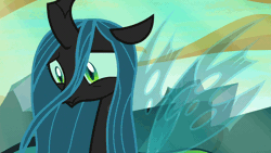 Size: 1280x720 | Tagged: animated, changeling, changeling hive, changeling queen, close-up, cloud, cute, cutealis, derpibooru import, despair, eye shimmer, female, former queen chrysalis, frown, gif, looking down, queen chrysalis, sad, sadorable, safe, screencap, sky, solo, to where and back again, windswept mane, wings, woobie