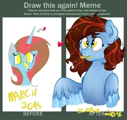 Size: 784x744 | Tagged: safe, artist:howlingatthemoon654, derpibooru import, oc, oc:doodle noodle, oc:dreamcatcher, unofficial characters only, pegasus, pony, unicorn, blushing, draw this again, heart, improvement, mouth hold, pencil, ponysona, solo
