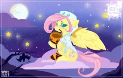 Size: 1280x818 | Tagged: artist:feekteev, basket, clothes, cloud, costume, cute, derpibooru import, fluttershy, halloween, hoodie, moon, mouth hold, nightmare night, pumpkin bucket, safe, shyabetes, sitting, socks, solo, spread wings, stars, striped socks