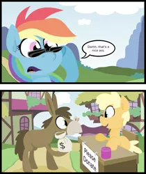 Size: 2998x3565 | Tagged: artist:jittery-the-dragon, bait and switch, charity, comic, dead source, derpibooru import, donkey, eye contact, innocent innuendo, looking at each other, money, money bag, oc, open mouth, pun, rainbow dash, safe, smiling, sunglasses, table, visual pun, vulgar, wide eyes