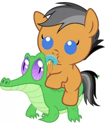 Size: 836x942 | Tagged: safe, artist:red4567, derpibooru import, gummy, quibble pants, pony, stranger than fan fiction, baby, baby pony, cute, pacifier, ponies riding gators, quibblebetes, riding