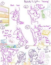 Size: 1280x1611 | Tagged: safe, artist:adorkabletwilightandfriends, derpibooru import, princess cadance, shining armor, spike, starlight glimmer, twilight sparkle, twilight sparkle (alicorn), oc, oc:greg, alicorn, pony, comic:adorkable twilight and friends, adorkable twilight, book, bookhorse, bread, cleaning, comic, computer, cute, food, laptop computer, lineart, music, musical, shopping, slice of life, that pony sure does love books, zootopia