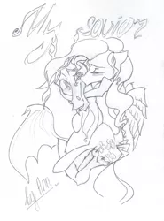 Size: 1681x2274 | Tagged: safe, artist:byannss, derpibooru import, discord, fluttershy, blushing, discoshy, grayscale, holding, kissing, lineart, male, monochrome, pencil drawing, shipping, simple background, straight, traditional art, white background