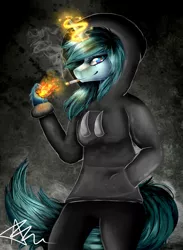 Size: 1024x1396 | Tagged: safe, artist:bunnzee, derpibooru import, oc, unofficial characters only, anthro, unicorn, cigarette, clothes, fire, hoodie, magic, pyromancy, smoking, solo