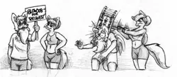 Size: 2777x1224 | Tagged: anthro, artist:the-wag, derpibooru import, grayscale, monochrome, oc, oc:wagram, oc:wingbella, pegasus, sketch, suggestive, text, traditional art, unofficial characters only