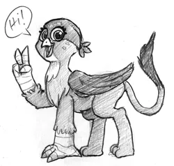Size: 1269x1206 | Tagged: safe, artist:the-wag, derpibooru import, gabby, gryphon, grayscale, monochrome, peace sign, sketch, solo, traditional art
