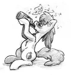 Size: 1013x1065 | Tagged: alcohol, artist:the-wag, berry punch, berryshine, bottle, derpibooru import, drinking, drunk, grayscale, monochrome, safe, sketch, solo, traditional art, wine