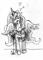 Size: 1143x1578 | Tagged: artist:the-wag, axe, blood, derpibooru import, grayscale, monochrome, princess luna, semi-grimdark, sketch, sleepwalking, solo, traditional art, weapon, zzz