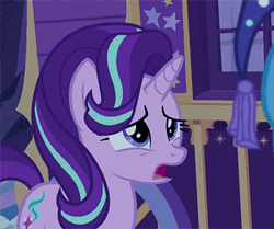 Size: 350x293 | Tagged: safe, derpibooru import, edit, edited screencap, screencap, starlight glimmer, trixie, pony, unicorn, to where and back again, animated, boop, boop edit, cropped, cute, female, finger, frown, gif, glare, glimmerbetes, hand, mare, non-consensual booping, nose wrinkle, scrunchy face, sound effects, unamused
