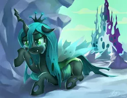 Size: 1035x800 | Tagged: aftermath, artist:imdrunkontea, changeling, changeling hive, changeling kingdom, changeling queen, crying, defeated, derpibooru import, female, outcast, prone, queen chrysalis, sad, safe, signature, solo, to where and back again