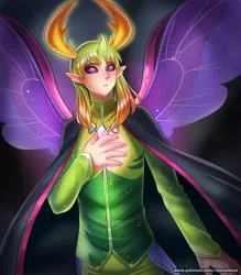 Size: 900x1029 | Tagged: artist:racoonsan, changedling, changeling, changeling king, clothes, derpibooru import, horned humanization, human, humanized, king thorax, safe, solo, thorax, to where and back again, winged humanization