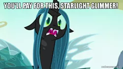 Size: 800x450 | Tagged: angry, captain planet and the planeteers, changeling, changeling queen, derpibooru import, edit, edited screencap, female, meme, queen chrysalis, safe, screencap, solo, to where and back again