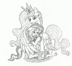 Size: 1954x1793 | Tagged: safe, artist:sensko, derpibooru import, princess celestia, sunset shimmer, pony, unicorn, apologetic, apology, begging, crying, duo, floppy ears, forgiveness, grayscale, hug, lidded eyes, monochrome, pencil drawing, reunion, simple background, sitting, smiling, the prodigal sunset, traditional art, unshorn fetlocks, white background, winghug