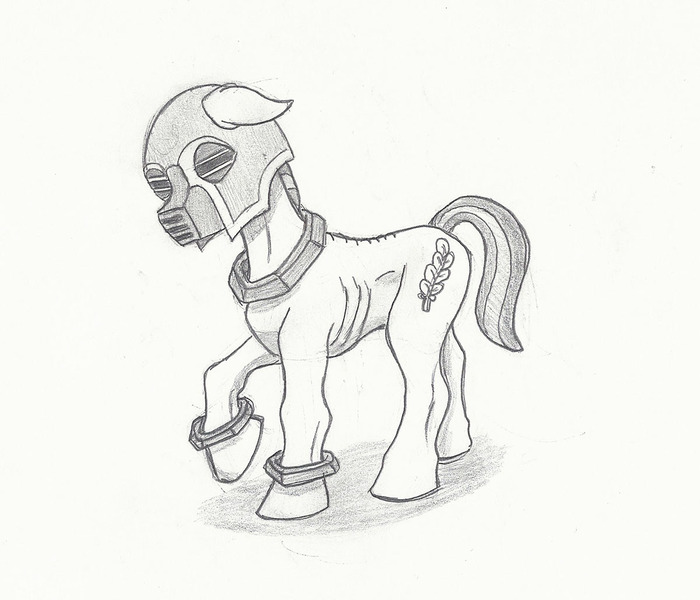 Size: 1200x1029 | Tagged: semi-grimdark, artist:sensko, derpibooru import, crystal pony, pony, alternate timeline, crystal war timeline, grayscale, mask, mind control, monochrome, pencil drawing, shackles, simple background, sketch, slave, solo, sombra empire, sombra soldier, starving, traditional art, white background