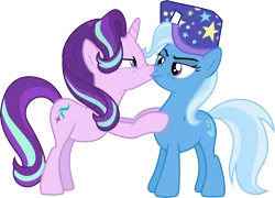 Size: 4172x3000 | Tagged: safe, artist:jeatz-axl, derpibooru import, starlight glimmer, trixie, pony, unicorn, to where and back again, .svg available, angry, angry kissing, bipedal, bipedal leaning, female, hat, kissing, leaning, lesbian, lidded eyes, looking at each other, mare, nightcap, nose wrinkle, shipping, simple background, startrix, transparent background, trixie's nightcap, vector