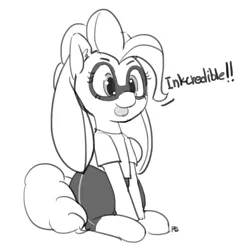 Size: 1280x1336 | Tagged: safe, artist:pabbley, derpibooru import, pinkie pie, inkling, crossover, dialogue, monochrome, simple background, sitting, solo, splatoon, tongue out, white background