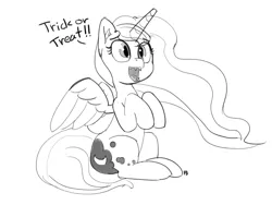 Size: 1280x963 | Tagged: artist:pabbley, cute, derpibooru import, dialogue, lunabetes, monochrome, nightmare moon, open mouth, princess luna, safe, simple background, sitting, solo, trick or treat, white background