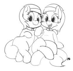 Size: 1280x1252 | Tagged: aloe, artist:pabbley, cute, derpibooru import, lotus blossom, monochrome, on back, open mouth, safe, simple background, spa twins, spaww twins, white background