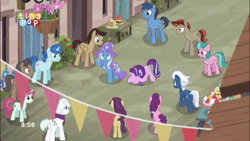 Size: 480x270 | Tagged: safe, derpibooru import, screencap, double diamond, ivy vine, party favor, starlight glimmer, sugar belle, trixie, pony, to where and back again, animated, gif, our town, smoke bomb