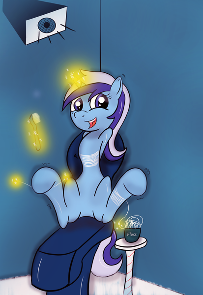 Size: 1639x2380 | Tagged: artist:darkknighthoof, artist:darkknightwolf2011, bondage, colored, color edit, derpibooru import, edit, featureless crotch, fetish, floss, hoof fetish, leg twitch, minuette, safe, seat, smiling, speaker, textless, tickle fetish, tickling, toothbrush