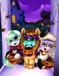 Size: 2070x2645 | Tagged: safe, artist:pridark, derpibooru import, oc, unofficial characters only, big cat, lion, sheep, vampire, clothes, commission, costume, cute, doorstep, looking up, mouth hold, nightmare night, pumpkin bucket, trick or treat, trio