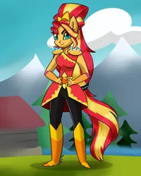 Size: 1024x1280 | Tagged: safe, artist:mlp-firefox5013, derpibooru import, sunset shimmer, equestria girls, legend of everfree, clothes, crystal guardian, looking at you, ponied up, scenery, solo