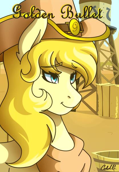 Size: 1280x1837 | Tagged: artist:ciderpunk, bust, clothes, derpibooru import, desert, hat, hay, oc, oc:goldenbullet, portrait, safe, scarf, solo, unofficial characters only, western