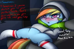 Size: 1800x1200 | Tagged: safe, artist:captainpudgemuffin, derpibooru import, rainbow dash, pegasus, pony, :o, blushing, captain america: civil war, chair, clothes, cold, cute, dashabetes, dialogue, dock, featureless crotch, female, flu, hoodie, lidded eyes, mare, offscreen character, on back, rainbow the shipper, red nosed, shipper on deck, sick, socks, solo, spread legs, spreading, steve rogers, television, tony stark