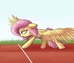 Size: 1928x1632 | Tagged: safe, artist:vanillaghosties, derpibooru import, fluttershy, pegasus, pony, colored sketch, ear fluff, female, finish line, floppy ears, lidded eyes, mare, profile, ready, solo, sports, spread wings, standing, track