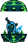 Size: 99x150 | Tagged: animated, artist:mega-poneo, derpibooru import, eyebrow wiggle, flying saucer, gif, megaman, megapony, pixel art, queen chrysalis, safe, simple background, solo, spaceship, sprite, transparent background, video game, wily machine