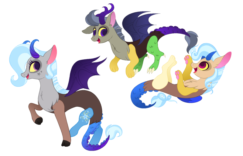 Size: 1581x1018 | Tagged: artist:beach-city-mystery-girl, artist:carouselunique, derpibooru import, draconequus, hybrid, interspecies offspring, looking at each other, looking back, next generation, oc, oc:hat trick, oc:spectacle, oc:star swirl, offspring, open mouth, parent:discord, parents:trixcord, parent:trixie, safe, simple background, smiling, solo, transparent background, unofficial characters only