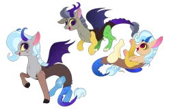 Size: 1581x1018 | Tagged: artist:beach-city-mystery-girl, artist:carouselunique, derpibooru import, draconequus, hybrid, interspecies offspring, looking at each other, looking back, next generation, oc, oc:hat trick, oc:spectacle, oc:star swirl, offspring, open mouth, parent:discord, parents:trixcord, parent:trixie, safe, simple background, smiling, solo, transparent background, unofficial characters only