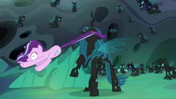 Size: 1920x1080 | Tagged: changeling, changeling guard, changeling queen, derpibooru import, female, queen chrysalis, safe, screencap, starlight glimmer, tail, tail pull, thorax, to where and back again