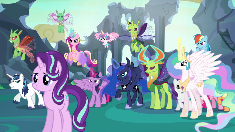 Size: 1920x1080 | Tagged: safe, derpibooru import, screencap, applejack, pinkie pie, princess cadance, princess celestia, princess flurry heart, princess luna, rainbow dash, rarity, shining armor, starlight glimmer, thorax, twilight sparkle, twilight sparkle (alicorn), alicorn, changedling, changeling, pony, to where and back again, alicorn pentarchy, horses doing horse things, king thorax, tricorn, victory