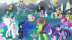 Size: 1920x1080 | Tagged: safe, derpibooru import, screencap, applejack, cornicle, discord, fluttershy, pinkie pie, princess cadance, princess celestia, princess flurry heart, princess luna, rainbow dash, rarity, shining armor, spike, starlight glimmer, thorax, trixie, twilight sparkle, twilight sparkle (alicorn), alicorn, changedling, changeling, draconequus, earth pony, pegasus, pony, unicorn, to where and back again, alicorn pentarchy, changeling king, cocoon, ethereal mane, female, filly, foal, king thorax, male, mane seven, mane six, mare, stallion