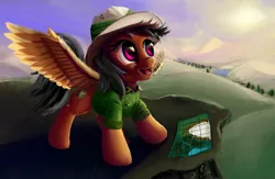 Size: 2000x1300 | Tagged: safe, artist:xbi, derpibooru import, daring do, pony, map, scenery, sky, solo, spread wings, tabun art-battle finished after