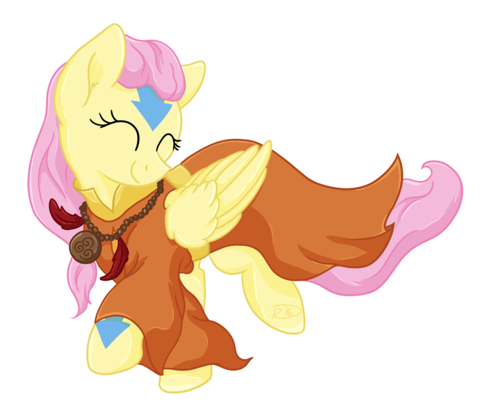 Size: 1844x1564 | Tagged: artist:ruushiicz, avatar the last airbender, clothes, crossover, cute, derpibooru import, eyes closed, fluttershy, head turn, jewelry, necklace, robe, safe, shyabetes, simple background, smiling, solo, transparent background, walking, yangchen