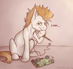 Size: 1280x1208 | Tagged: safe, artist:cheshchesh, derpibooru import, oc, unofficial characters only, pony, circuit board, looking at you, russian, sitting, soldering iron, solo, technology, unshorn fetlocks