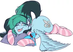 Size: 1789x1282 | Tagged: safe, artist:meggchan, derpibooru import, oc, oc:liz, unofficial characters only, pegasus, pony, clothes, colored pupils, ear piercing, earring, jewelry, mr. meeseeks, one eye closed, piercing, pillow, plushie, prone, raised tail, rick and morty, simple background, socks, solo, striped socks, sweet dreams fuel, tail, tongue out, white background, wink