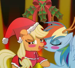 Size: 1202x1091 | Tagged: suggestive, artist:rocketsex, derpibooru import, applejack, rainbow dash, earth pony, pegasus, pony, appledash, blush sticker, blushing, christmas, clothes, costume, drool, drool string, eyes closed, female, females only, holding hooves, holiday, holly, holly mistaken for mistletoe, kissing, lesbian, mare, open mouth, reindeer costume, reindeer dash, rudolph dash, santa costume, shipping, sloppy kissing, tongue out