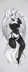 Size: 1400x3584 | Tagged: anthro, artist:chapaevv, belly button, body pillow, body pillow design, clothes, commission, corset, derpibooru import, female, garters, looking at you, monochrome, neo noir, oc, oc:crystal eclair, on back, on bed, partial color, plantigrade anthro, sexy, solo, solo female, stockings, suggestive, unofficial characters only, ych result