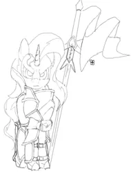 Size: 425x550 | Tagged: armor, artist:arzt-korkenzieher, derpibooru import, flockmod, monochrome, safe, solo, sunset shimmer, weapon, zweihander