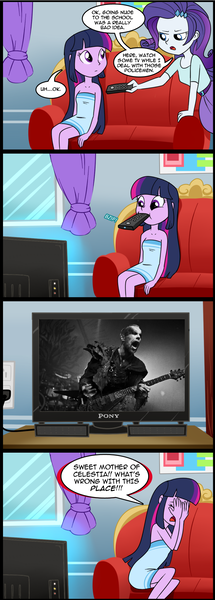 Size: 711x1987 | Tagged: semi-grimdark, artist:madmax, artist:metaldudepl666, derpibooru import, edit, rarity, twilight sparkle, equestria girls, behemoth (band), black metal, blackened death metal, comic, dark, exploitable meme, heavy metal, meme, metal, music, nergal, nightmare fuel, obligatory pony, poland, satanic, text, tv meme, what's wrong with this place