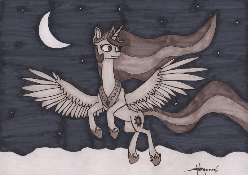 Size: 2466x1734 | Tagged: safe, artist:shikogo, derpibooru import, princess celestia, alicorn, pony, crescent moon, female, flying, grayscale, hoof shoes, implied princess luna, inktober, inktober 2016, mare, monochrome, moon, night, smiling, solo, spread wings, stars, traditional art