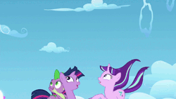 Size: 960x540 | Tagged: safe, derpibooru import, screencap, rainbow dash, spike, starlight glimmer, twilight sparkle, twilight sparkle (alicorn), alicorn, dragon, pony, the cutie re-mark, animated, clinging, cloud, dragons riding ponies, filly, forgiveness, friendship, gif, holding hooves, hug, looking at each other, looking up, magic, open mouth, rainbow, riding, sky, smiling, sonic rainboom, time portal, time travel, time vortex, windswept mane