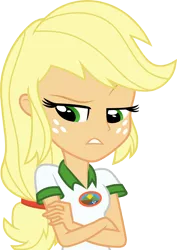 Size: 7000x9907 | Tagged: safe, artist:luckreza8, derpibooru import, applejack, equestria girls, legend of everfree, absurd resolution, applejack is not amused, clothes, crossed arms, freckles, hatless, missing accessory, raised eyebrow, simple background, solo, transparent background, unamused, vector