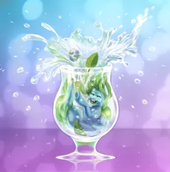 Size: 1376x1393 | Tagged: safe, artist:spirit-alu, derpibooru import, oc, unofficial characters only, pony, commission, cup, cup of pony, cute, funny, funny face, glass, micro, simple background, smiling, solo, splashing, water, ych result