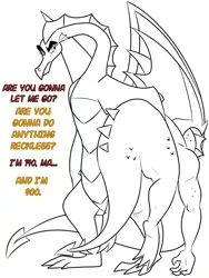 Size: 750x1000 | Tagged: artist:queencold, black and white, derpibooru import, dragon, dragoness, dragon oc, duo, garble, grayscale, holding, lifting, lineart, monochrome, mother and son, oc, oc:caldera, older, older garble, safe, text